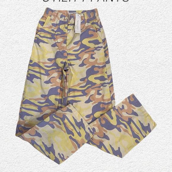 Topshop Camo Yellow/Tan/Purple Straight Utility Pants Size 0 - Picture 1 of 11